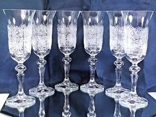 Bohemian Crystal Glass Set of 6 Champagne Flute Wine Glasses 5 oz Hand Cut 
