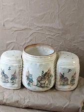 VTG/ANTIQUE 3 PIECE PORCELAIN MUSTARD, SALT AND PEPPER CRUET SET - TOWN SCENE