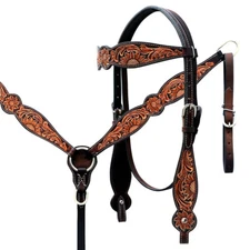Western Leather Hand Tooled Headstall and Breast Collar Set For Horse ALL SIZE