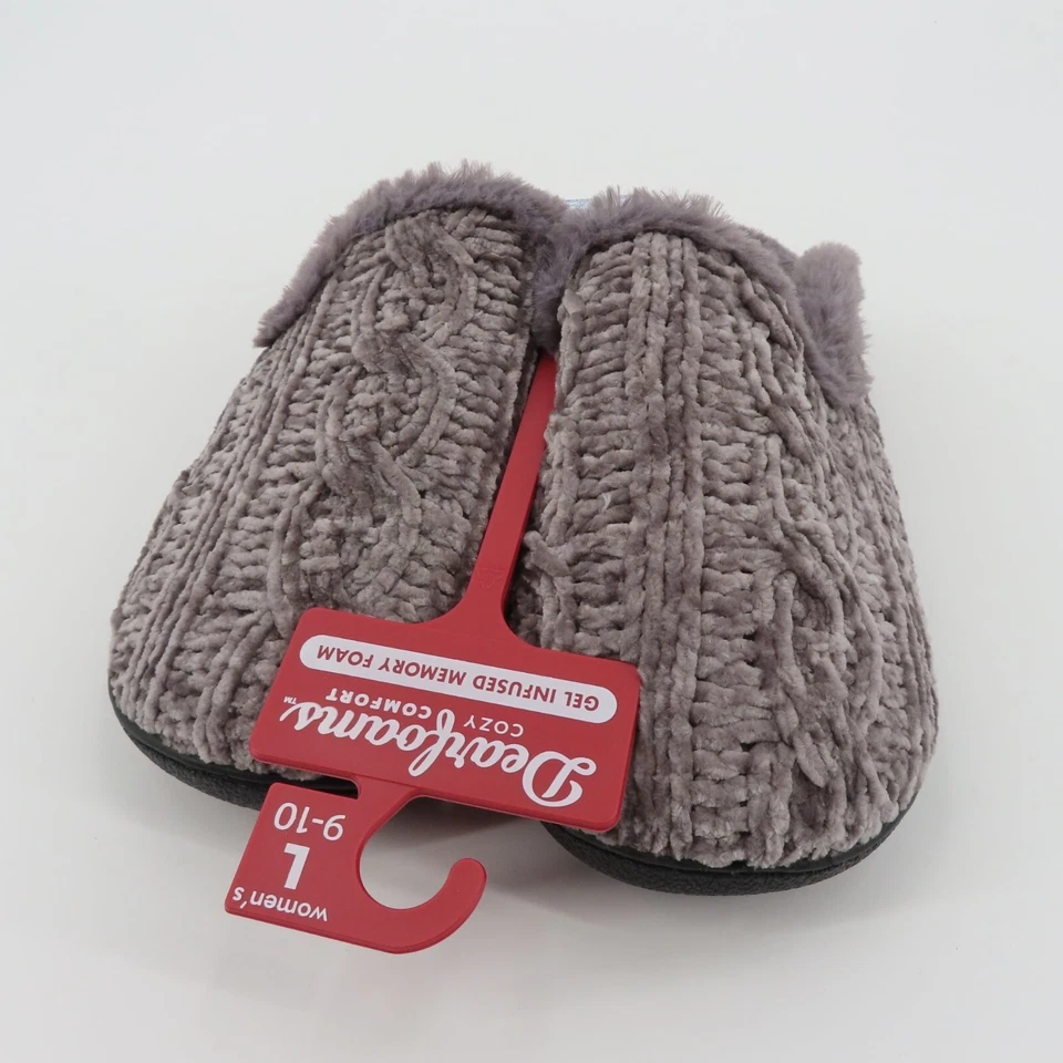 Dearfoams Women Large 9-10 Grey Chenille Cable Knit Faux Fur Slide Slippers NEW - Image 3 of 4