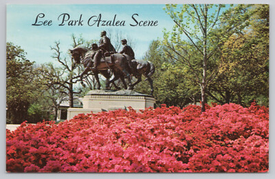 Postcard Dallas TX Lee Park Azalea Scene Robert E Lee Bronze Monument Texas