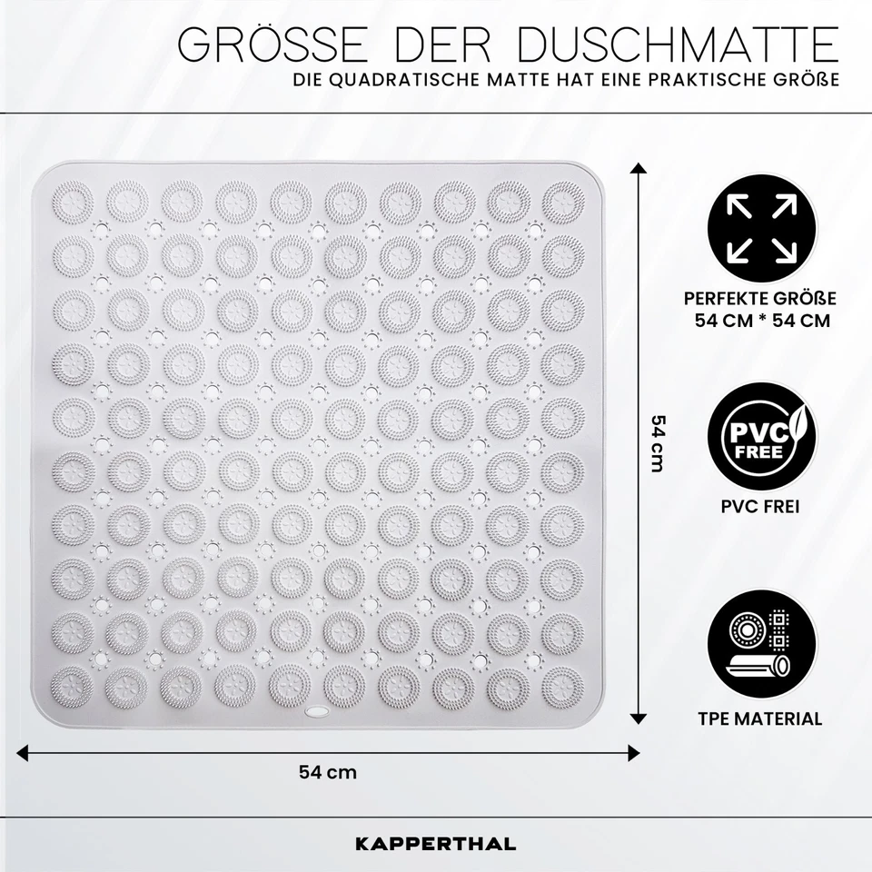 Rutschfeste Duschmatte 54x54 cm – PVC-frei mit Massage & Saugnäpfen, Weiß - Bild 3 von 4