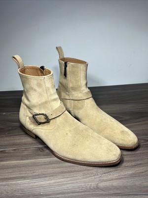 ORO Ankle Strap Boots Beige Suede Buckle Zip Side Pull On 