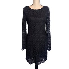 Jodi Kristopher Dress Large Black Overlay Bell Sleeve Knit Lined Gold Thread