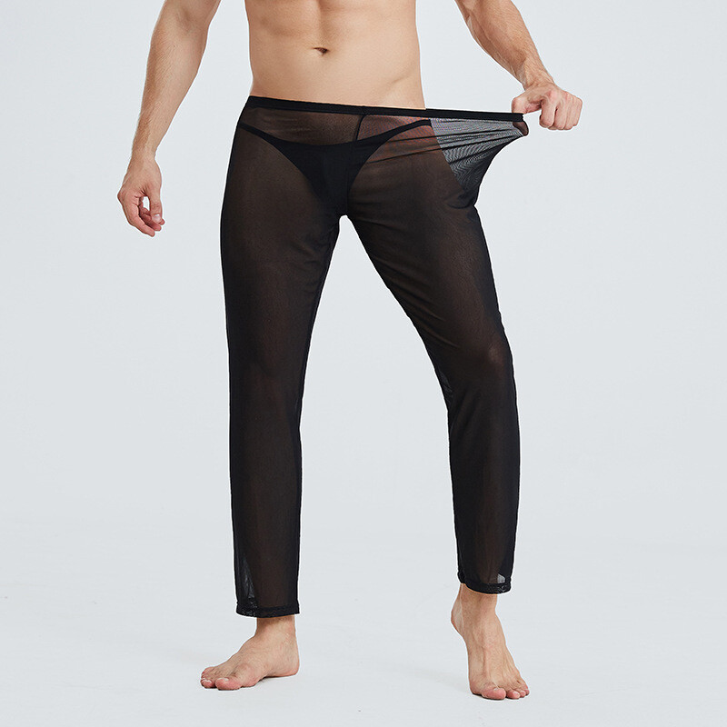 Men See-though Mesh Pajama Bottoms Trousers Sleepwear Low Waist Ultra-thin Pants