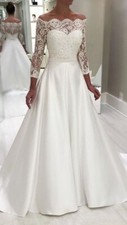 Vintage White Ivory lace Satin A-line Wedding Dresses Long Sleeves Bridal Gown