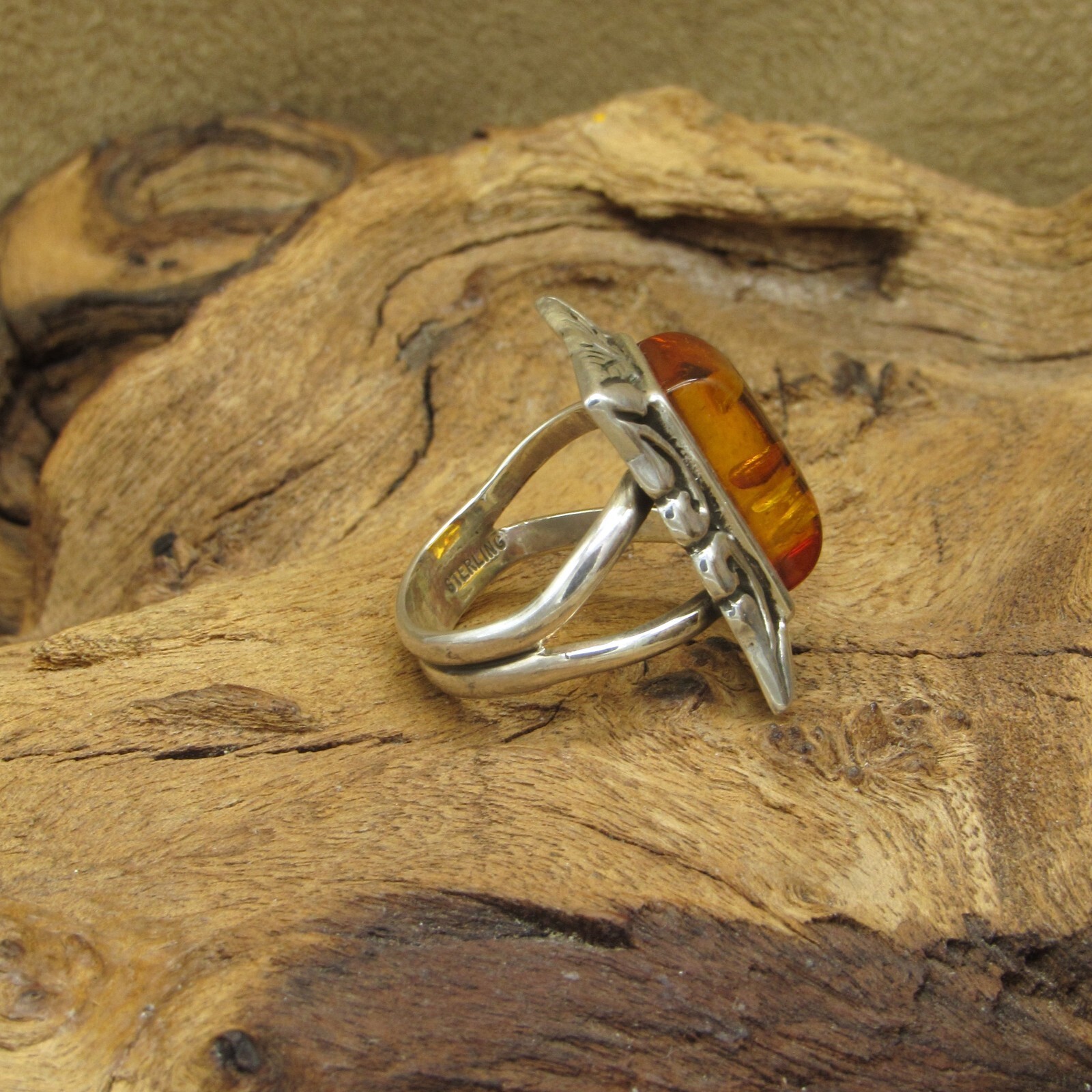 Sterling Silver Rectangular Amber Ring with Inclu… - image 5