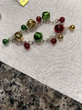 Colorful Jingle Bell Bracelet 7.5" Silvertone Chain Christmas Holiday Jewelry