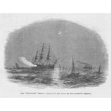 HMS THUNDERER Firing a Salute on Queen Victoria'a Arrival - Antique Print 1842