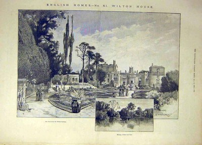 Original alter antiker Druck 1887 Montbard English Homes Wilton House Lake Garden