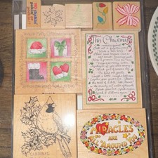 Vtg Wood Rubber Mounted Stamps Lot Holidays Christmas Birds Background Frame
