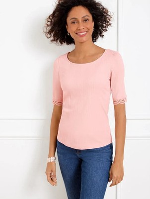 NWT TALBOTS  BLUSH PINK ELBOW SLEEVE LACE TRIM CURVED HEM BALLET NECK TOP 2X