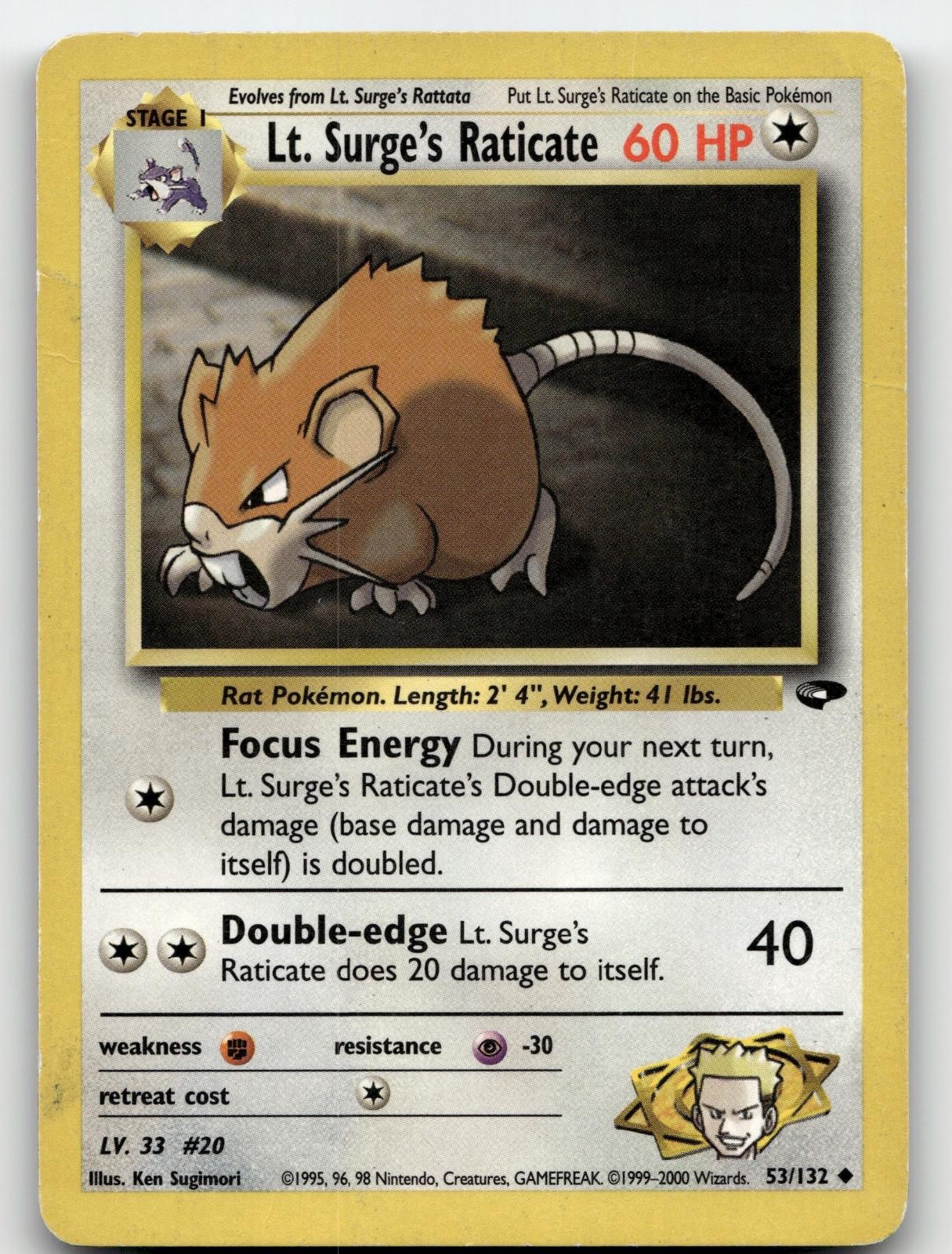 LT. SURGE'S RATICATE 53/132 UNCOMMON GYM CHALLENGE POKEMON DAMAGED