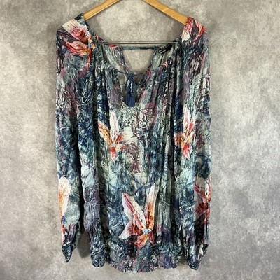 Vintage Desigual Blouse Women Large Blue Pink Floral Boho Flowy Top Puff Sleeve