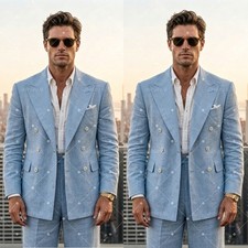 Light Blue Linen Men's Suit Double Breasted Peak Lapel Wedding Tuxedo 2-Pieces