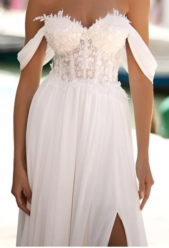 Brautkleid Gr. 40 Chiffon Spitze elfenbein Carmen Ärmel neu kleine Schleppe - Bild 2 von 4