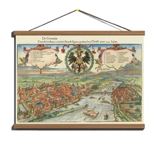 Antique 1554 Panoramic Map View of Frankfurt; Canvas, Magnetic Wooden Hanger