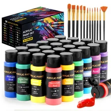 Acrylic Paint Set, 24 Colors (2 oz/Bottle) with 12 Art Brushes, Art Supplies for