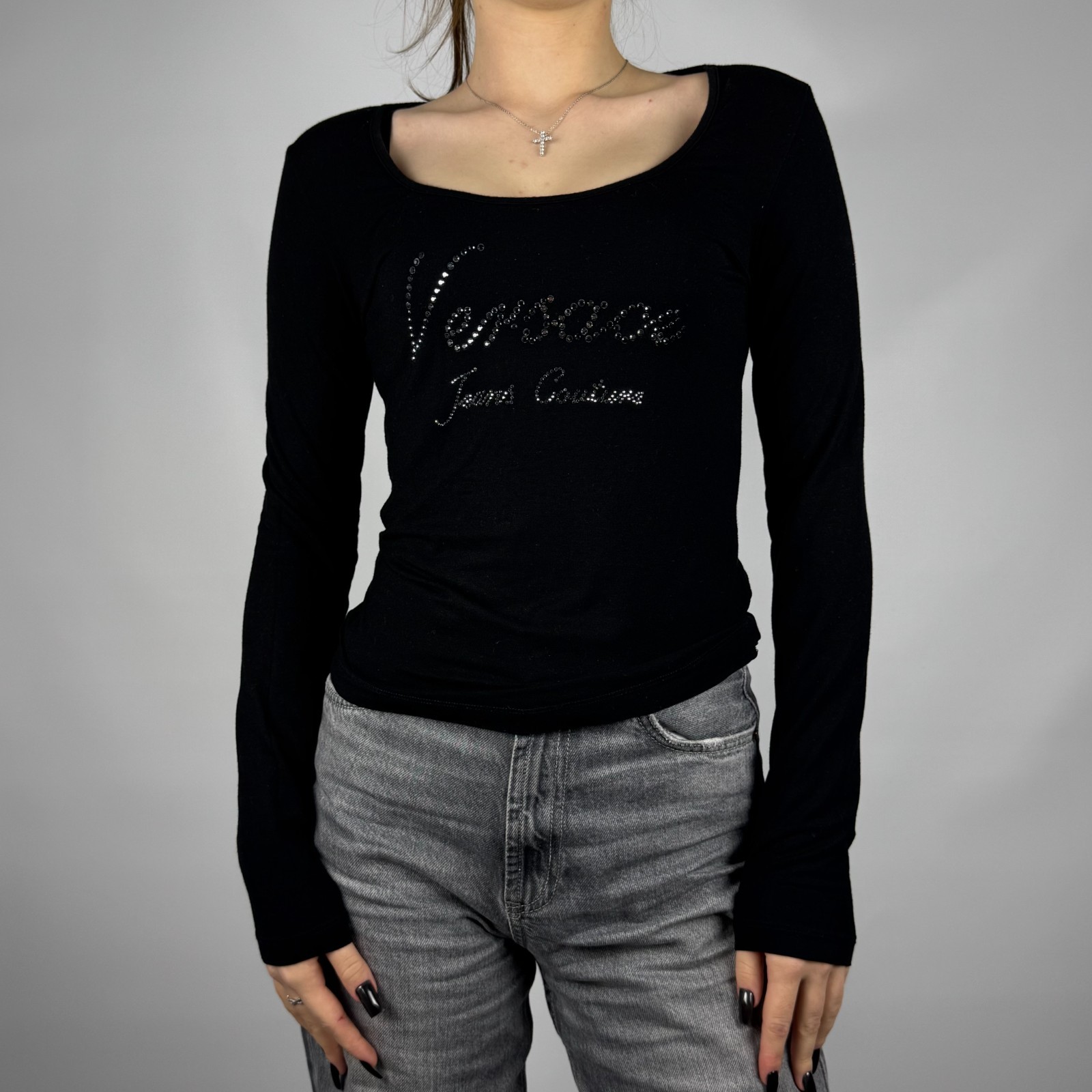 Versace Jeans Couture Women’s Long Sleeve Top with Rhinestone Logo Size M
