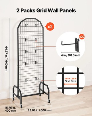 VEVOR 2 Packs Grid Wall Panels, 1.9 x 5.4 ft Wire Grid Panels Display Rack, Mova