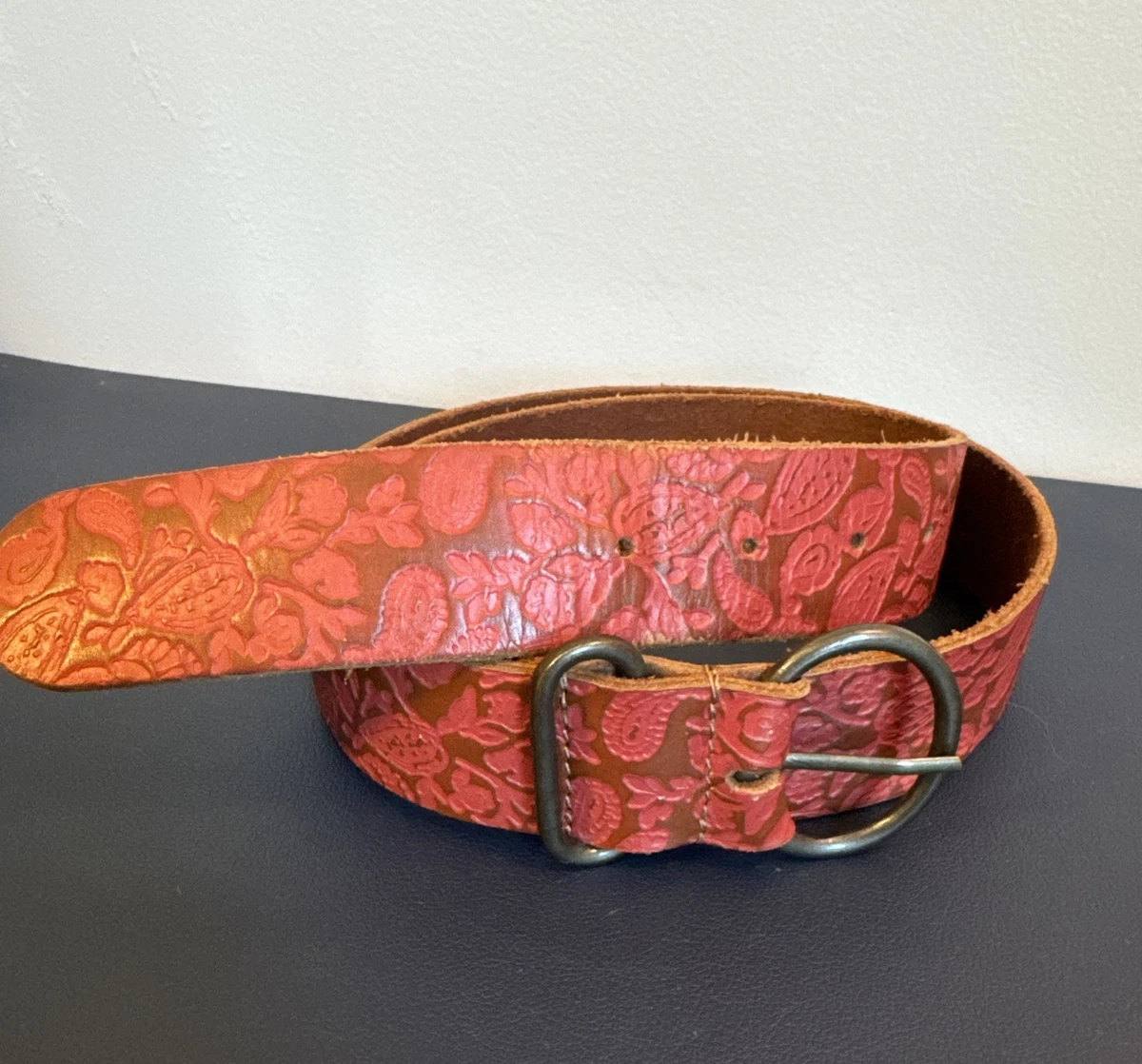 Vintage Y2K Lucky Brand Leather Tooled Embossed Brown Belt Paisley Pattern‎ Sz L Vintage Lucky Brand Y2K 90s Leather Embossed Brown Belt  main image 4