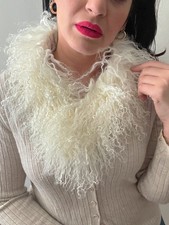 Adrienne Landau Mongolian Fur Shag Collar Scarf Ivory Y2K Adjustable