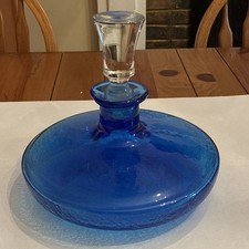 Blue & Clear Blenko Glass Round Decanter with Lid/Stopper