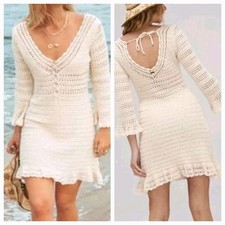Ghanda Gypsy Crochet Cream Bohemian Hippie Womens  Beach Dress S👇check