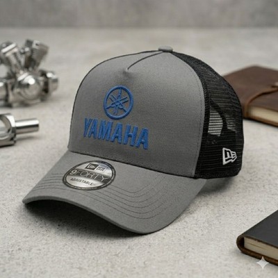 Yamaha Logo 2D Flat Embroidered Trucker Hat Grey Black Mesh Cap Adjustable