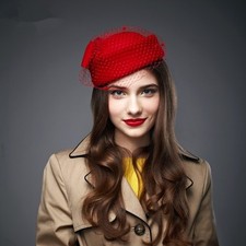 A080 Womens Dress Fascinator Wool Felt Pillbox Hat Party Wedding Bow Veil 3color
