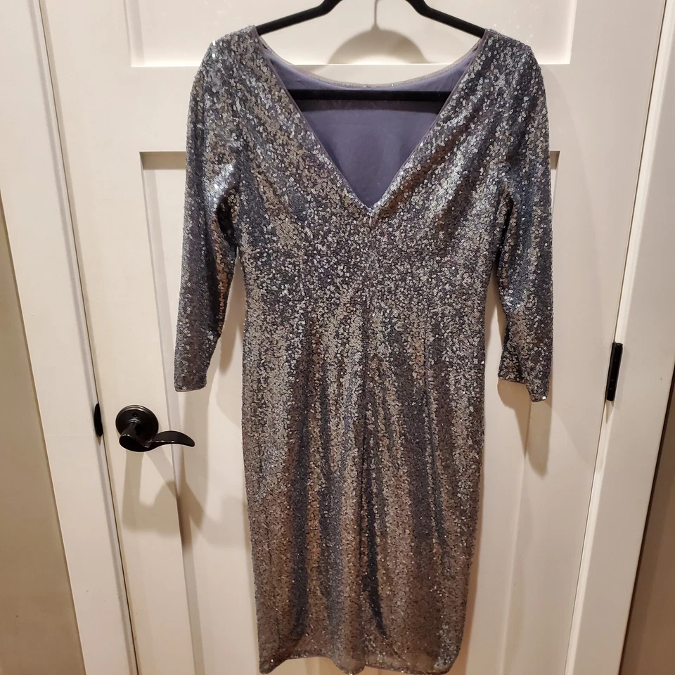 Adrianna Papell Silver Sequin Long Sleeve Cocktail Dress Size 6 Formal Swiftie - Image 2 of 4