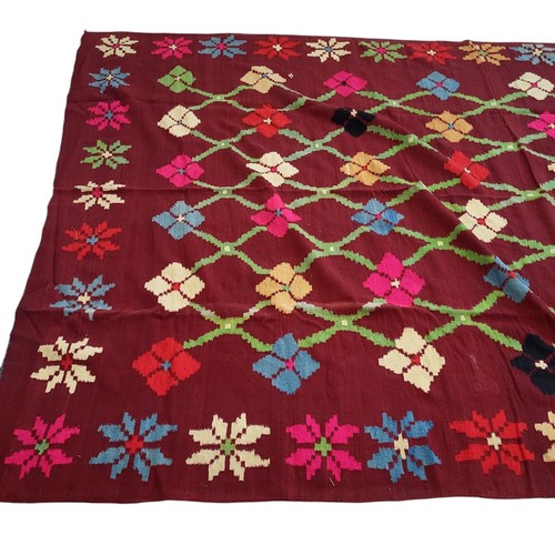 Vintage Moroccan Rug Handmade Fringe Maroon Wool Geometric Floral Design Carpet - Picture 20 of 24
