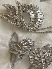 Vintage Signed Crown Trifari - Clip On Earrings Brooch Sterling Silver Necklace