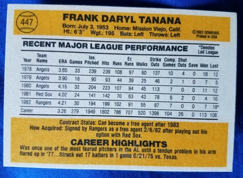 1983 Frank Tanana Autograph Signed Donruss Baseball Card #447 Texas Rangers - Picture 2 of 2
