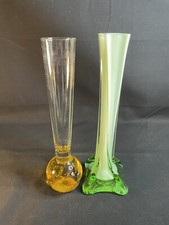 2 Art Glass Bud Vases Green Twist chip and Amber Ball 8  Tall