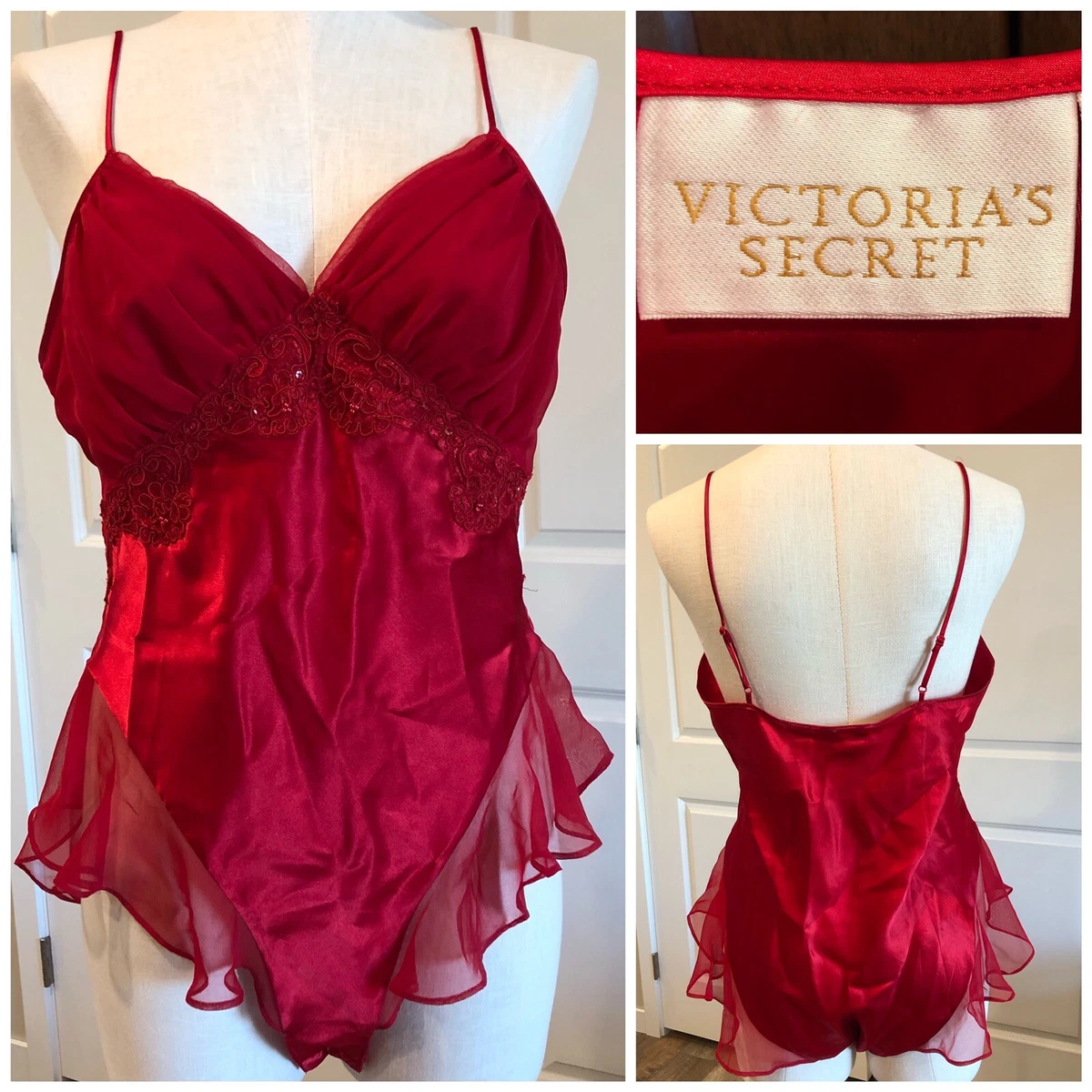Victoria's Secret Gold Label Vintage Red Satin & Chiffon Teddy Bodysuit  Size M