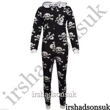 NEW KIDS GIRLS BOYS SKULL CROSS BONE ALL IN ONE PYJAMAS JUMPSUIT AGE 7-13 YEARS