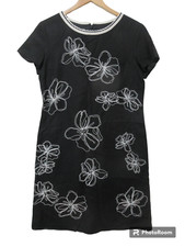 Sz 10 Talbots Linen Blend Black Dress EMBROIDERED Flowers Shift Sheath S/S