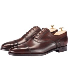 Handmade Men's Brown Color Oxford Cap Toe Genuine Leather Lace Up Formal Shoes