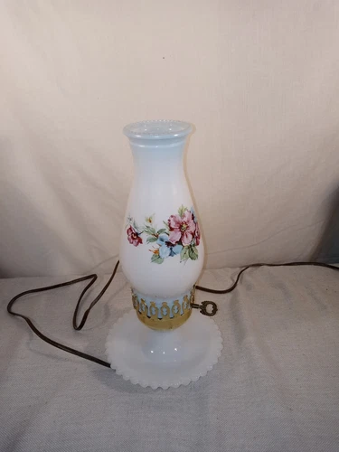 Vintage Hobnail Hobnob Milk Glass Hurricane Lamp Blue With Pink Flowers