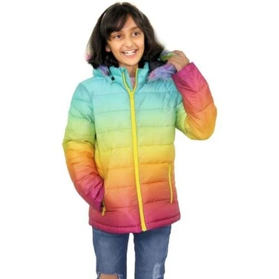A2Z 4 KIDS® Kinder Mädchen Jacken Regenbogen Kunstpelz Kapuze Zweiton 3D Puffer Bubble