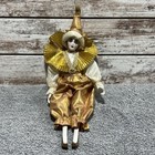 Vintage Porcelain Jester Doll Pierrot Carnival Harlequin Medievil Clown Gold