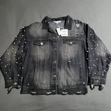 DAVI & DANI Pearl Studded Distressed Black Denim Jean Jacket Women's MEDIUM NEW