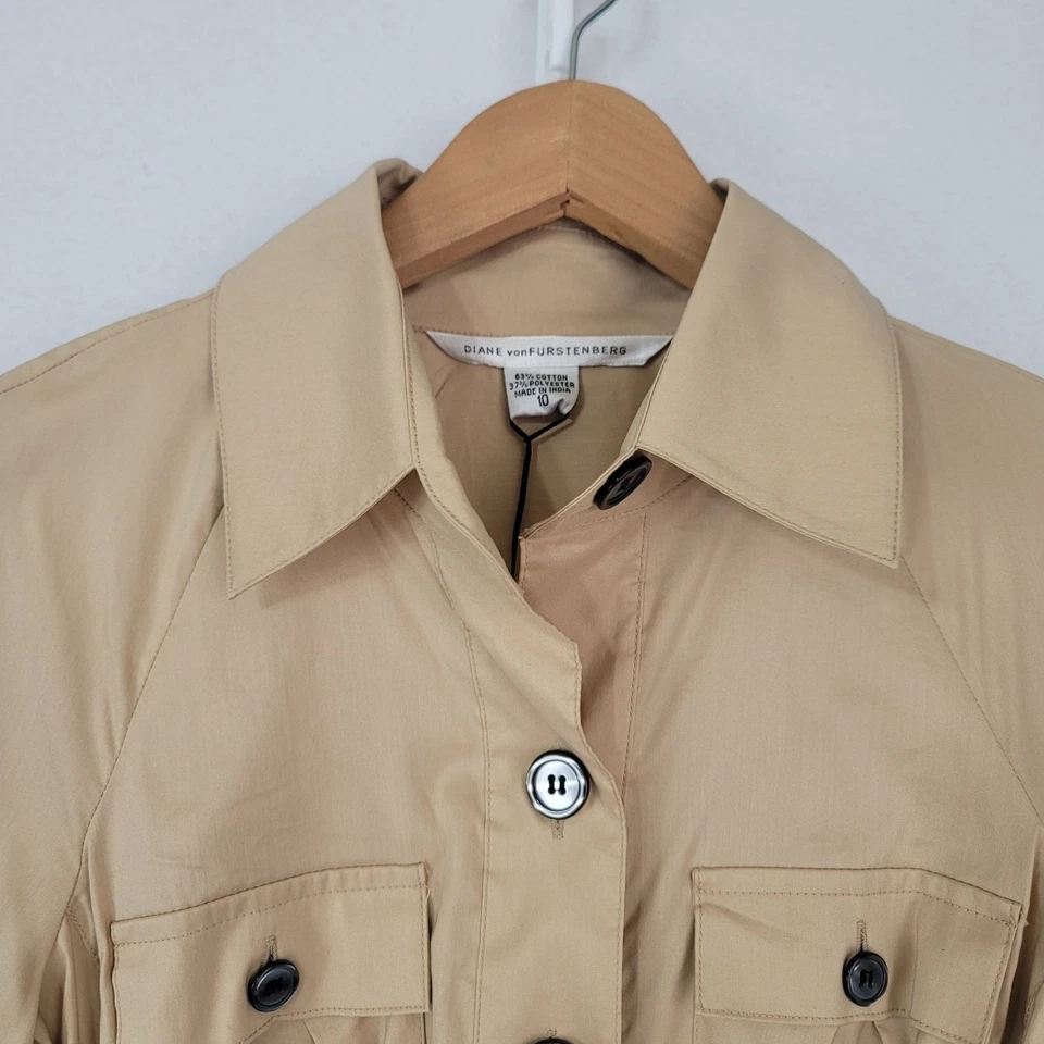 NWT Diane Von Furstenberg VTG Khaki Cotton Short Sleeve Shirt Dress Size 10 - Image 4 of 4