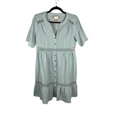 Knox Rose S Light Blue Cotton Crochet Button Down Short Sleeved Boho Mini Dress