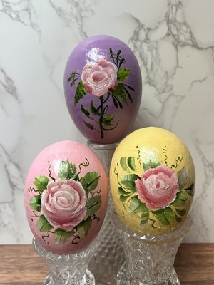 Vintage Paper Mâché Eggs Hand Painted Lot Of 3 Spring Floral Easter Decor ￼