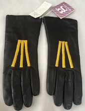 Vintage GRANDOE Black Leather Women's Gloves Yellow Leather Stripes Sz 7 1/2 New
