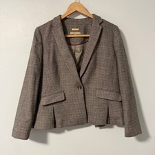 Chaqueta Blazer Talbots Mujer 12P Gris Taupe Marrón Tweed Botón Único Mezcla Lana
