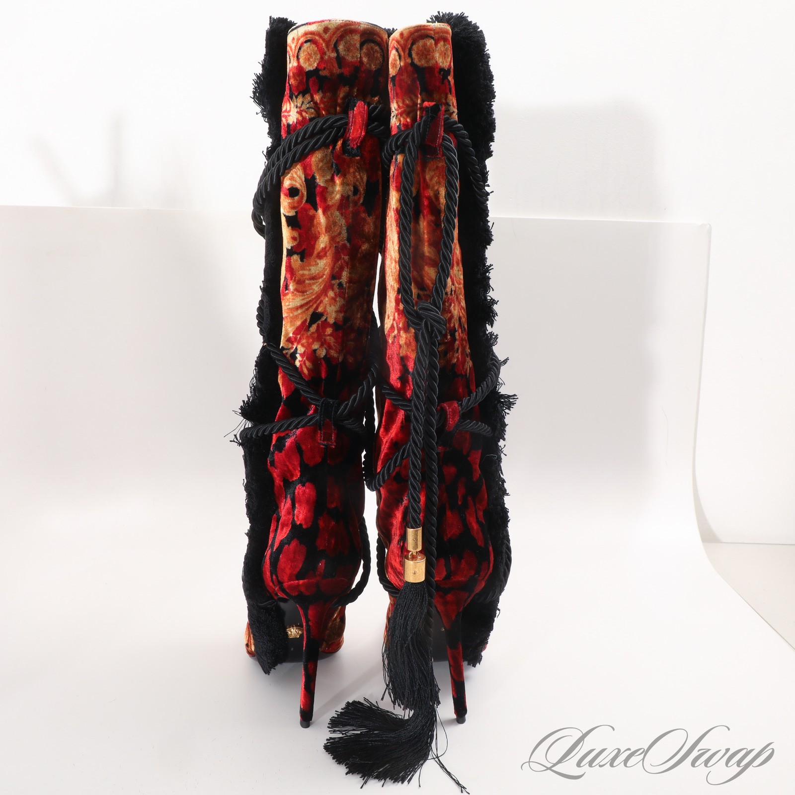 NIB Versace Made in Italy Red Multi Neoclassic Barocco Velvet Tassel Boots 40 thumbnail 8