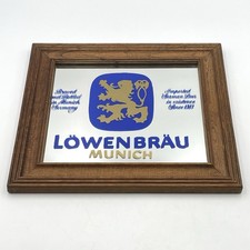 Vintage 1970s Lowenbrau Munich Beer Mirror Sign Wood Frame Breweriana 11.5”